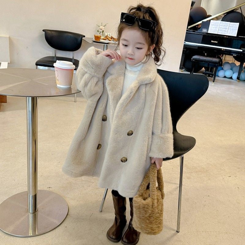 【予約】ロングファーコート　90〜160cm　あったか　もこもこ　ピンク　ベージュ　長袖　ゆったり　冬　Wselect