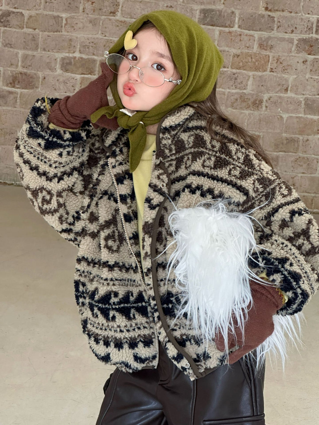 【予約】ラムジャガードコート　ボア　羽織　80～130ｃｍ　あったか　冬　子供コート　Ｗselect